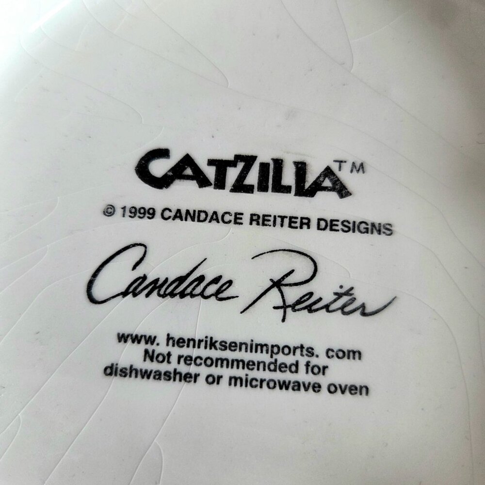 Large vintage ceramic bowl Catzilla 1999 by Candace Reiter w/hand painted cats. - Picture 8 of 10